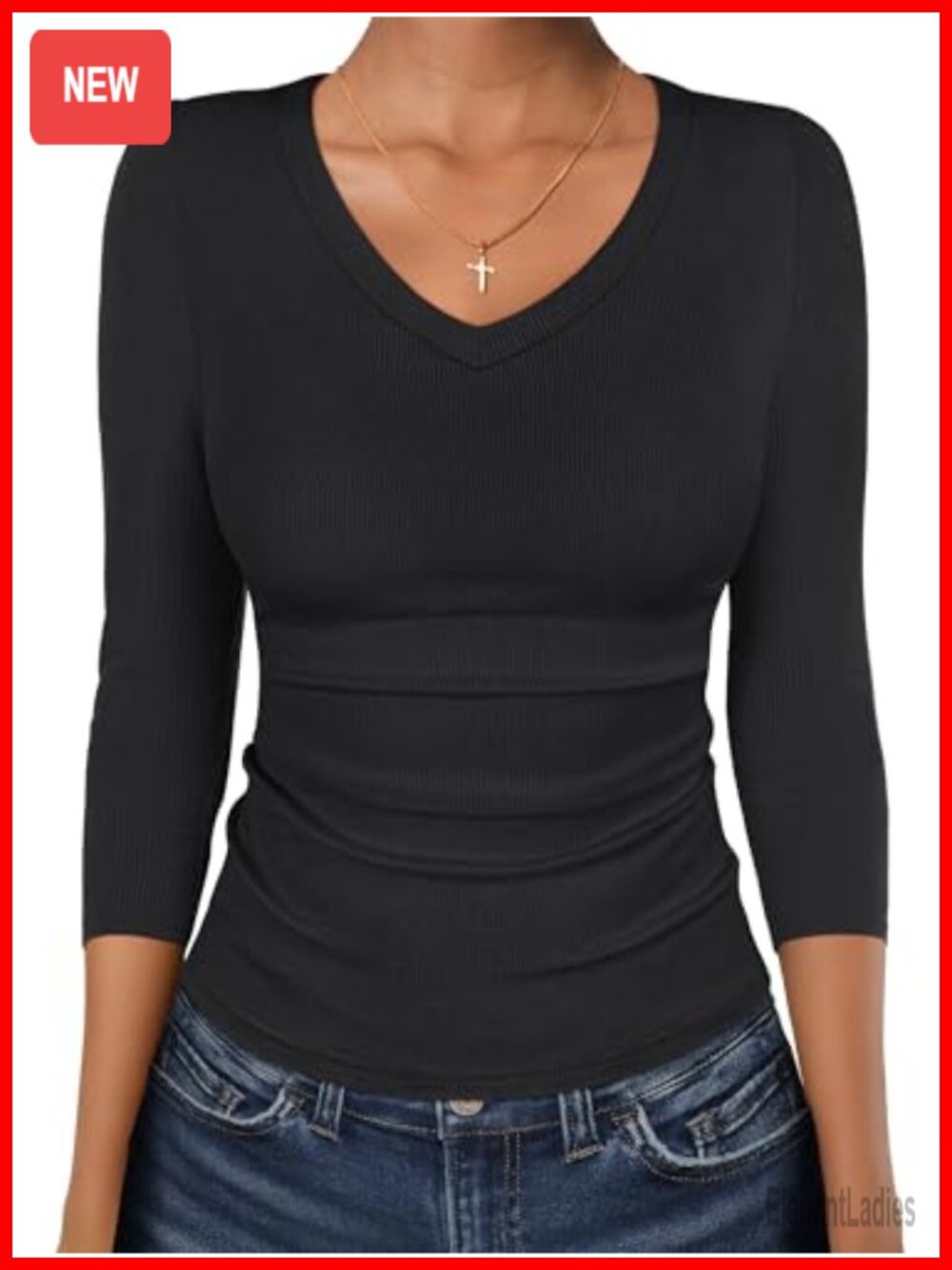 Women's Ribbed Knit V Neck 3/4 Sleeve Fitted Top Slimming Tee